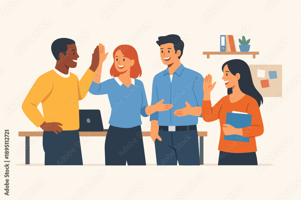 Fototapeta premium Business people high-fiving, celebrating success, teamwork concept, happy diverse colleagues collaborating