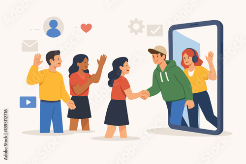 People meeting online, virtual connection and digital social networking concepts
