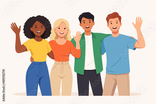 Diverse group of young people together waving hands and smiling, showing inclusion