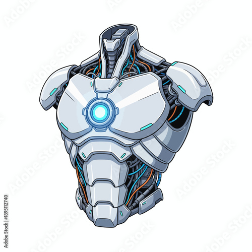 White armored robotic torso with glowing blue arc reactor chest piece