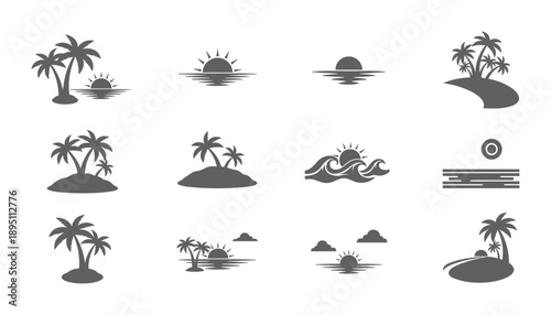 Tropical island scenes with palm trees and sunsets in dark isolated silhouette
