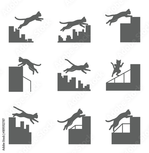 Nine grey cat silhouettes dynamically leaping and bounding across urban architectural forms isolated vector action poses