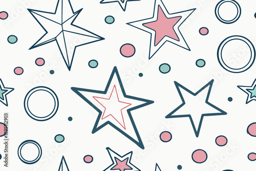A delightful seamless pattern features outlined stars, some with soft pink fills, along with scattered pink and teal circles and dots.