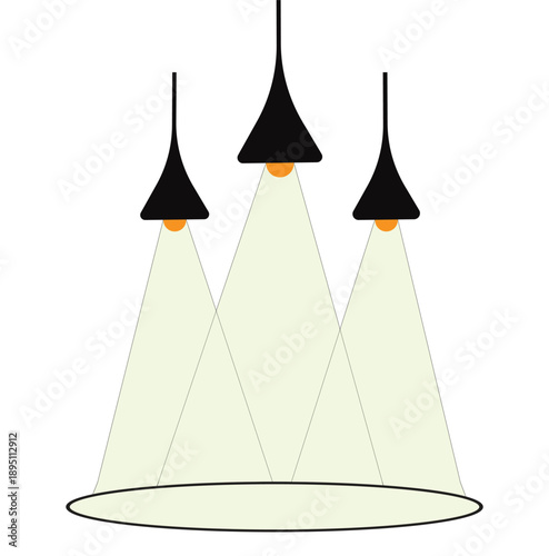 Three pendant lights with cone-shaped shades and light beams, isolated on transparent background