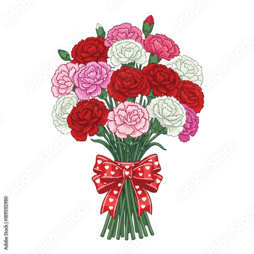 Colorful bouquet of roses with red bow.