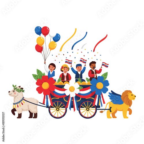 Colorful Cartoon Horse Drawn Festival Cart.