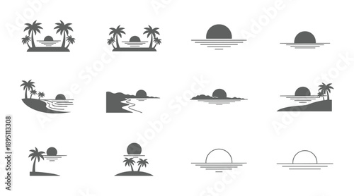 Tropical beach sunset icons featuring palm trees and ocean views silhouette set isolated icon set