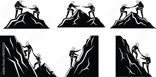 Teamwork and leadership silhouettes of climbers helping each other on mountain peaks, cooperation, trust and success concept, business motivation and outdoor adventure isolated on white background 