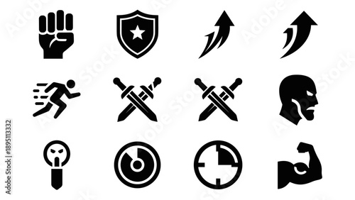Bold black icons collection for fitness and combat themes