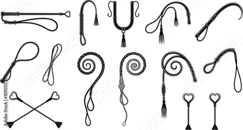 Whip and riding crop silhouettes collection, leather accessories and braided lash tools, vintage punishment and equestrian gear icons, black outline illustrations isolated on white background