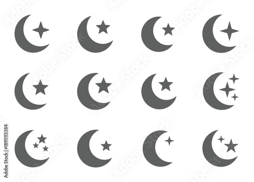 Various phases of the moon with stars displayed in a simple grey isolated silhouette
