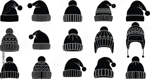 Winter beanie and knit hat silhouettes collection, cozy cold weather headwear styles, black seasonal fashion accessories icons set isolated on white background