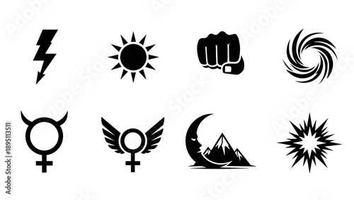 Collection of bold black silhouette symbols including sun, moon, and mountain designs