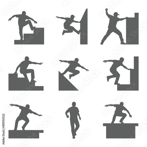 A set of nine grey silhouettes depicting a person performing parkour movements and jumps isolated