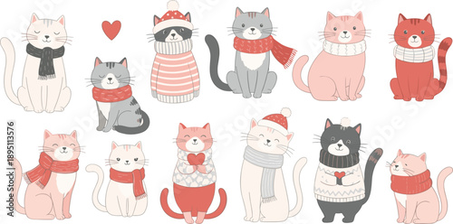 Cute Winter Cats Wearing Scarves and Sweaters with Love Elements Cartoon Flat Vector Set