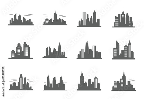 Graphic cityscapes stark grey forms showing a modern skyline silhouette set isolated