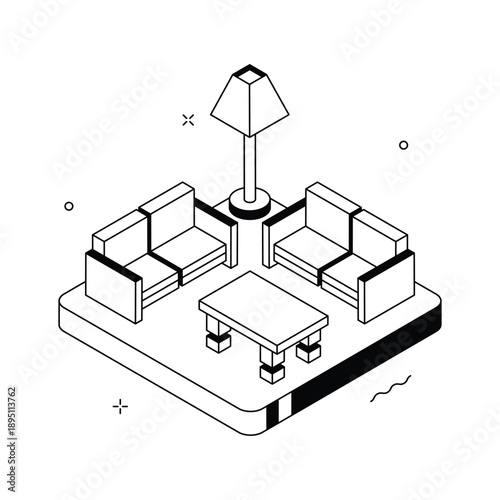 A sleek isometric illustration depicting office waiting room interior