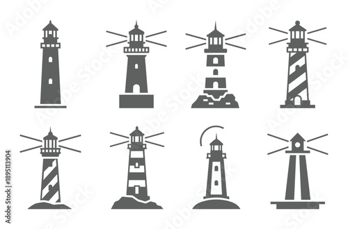 Distinct lighthouse designs grey silhouette set isolated