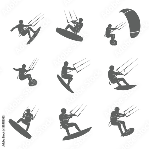 A dynamic collection of kitesurfing figures in action various stances and movements isolated vector silhouette action poses