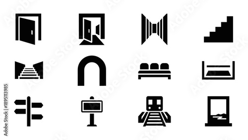 Minimalist icons of modern architecture and transportation elements in black silhouette style