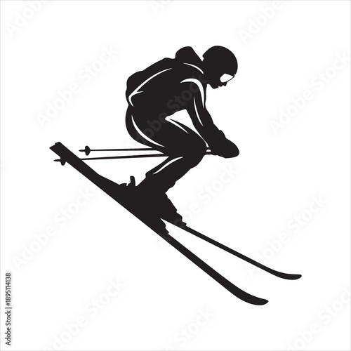 Silhouette of a freestyle skier performing an aerial jump vector, skier jumping on a ski slope vector silhouette illustration 