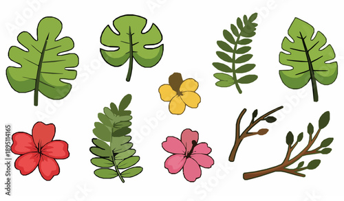 Cute tropical floral clipart vector set with palm leaves and colorful jungle plants for kids designs