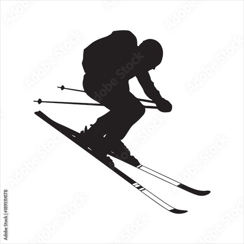 Silhouette of a freestyle skier performing an aerial jump vector, skier jumping on a ski slope vector silhouette illustration 