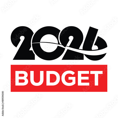 Modern 2026 Budget graphic featuring bold black typography with a red upward growth arrow inside the zero, set against a vibrant red banner. Ideal for financial planning and annual fiscal reviews.