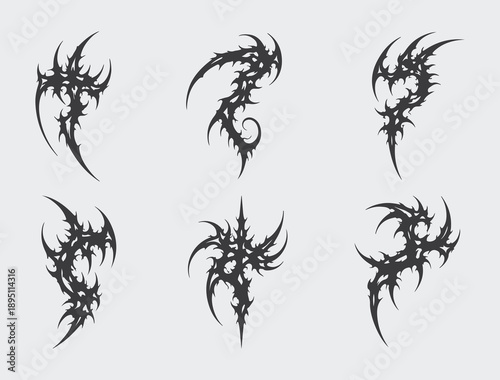 Neo Tribal Gothic Sigilism Spider Tattoo Symbols Collection, Dark Occult Emblems, Abstract biomechanical and demonic wing motifs Design, Edgy Decorative Black Tribal Tattoo Set for Fantasy and Metal