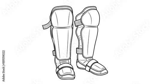 Protective sports shin guards in black and white line art for athletic gear design