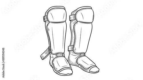 Detailed sketch of protective shin guards with straps for sports on white background