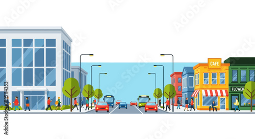 Vibrant City Street Scene with People, Cars, and Buildings - Flat Illustration