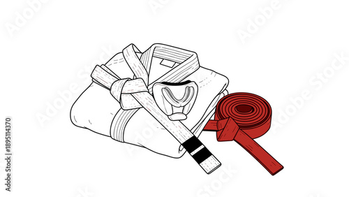 Karate uniform and belts with mouthguard in simple line art style