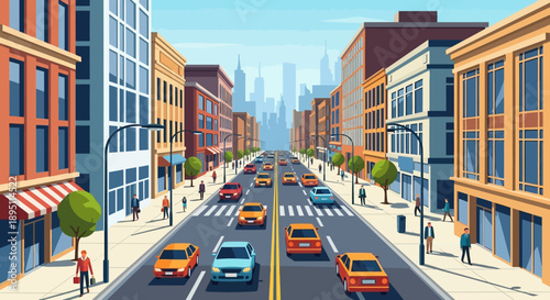 Vibrant City Street Scene with Cars and Pedestrians, Urban Landscape
