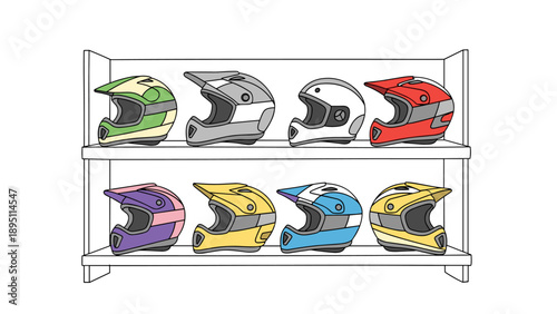 Colorful racing helmets displayed on shelves in a bright cartoon style