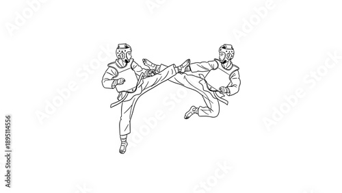 Martial arts sparring: dynamic taekwondo duel sketch with protective gear