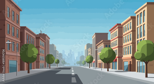 Cartoon City Street Scene with Buildings, Trees and Clear Sky