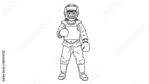 Karate sparring gear: child boxer in protective equipment for martial arts training