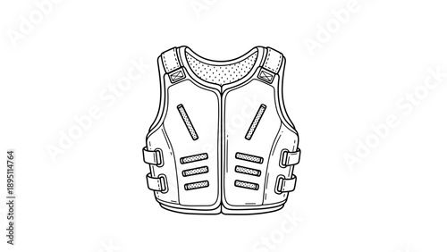 Black and white line art of protective tactical vest with straps and pockets