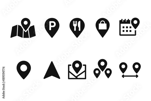 Navigation, map silhouette icon set. Direction, location, travel symbols collection
