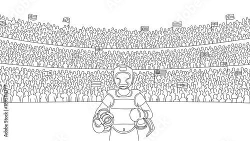Boxer in arena with enthusiastic crowd and national flags in linear style