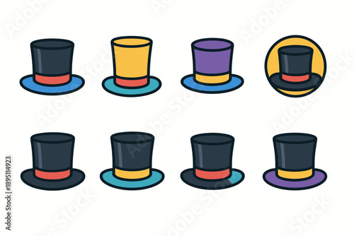 Top hat flat icon set. Elegant, formal headwear illustrations in flat style