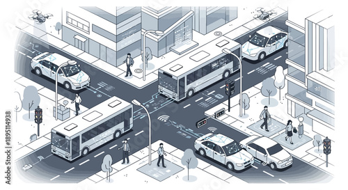 Isometric City Intersection with Traffic, Buses, Cars, and Pedestrians