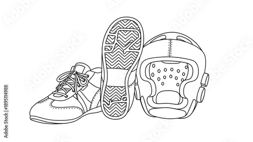 Detailed outlined sneakers and shoe soles on white background
