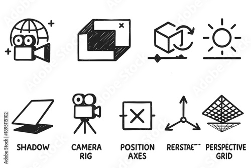 3D perspective grid icon set. Camera rig, shadow, and axes icons collection.