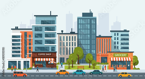 City street with modern buildings, coffee shop, grocery store, park and cars