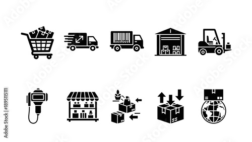E-commerce and delivery icons featuring shopping carts, warehouses, and global shipping