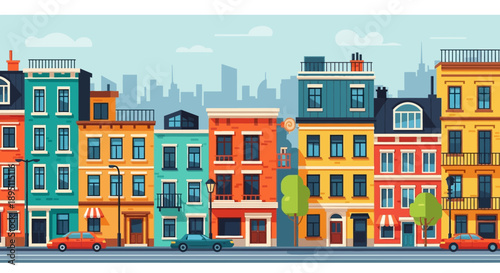 Colorful buildings row, urban street scene with cars and trees, city skyline background