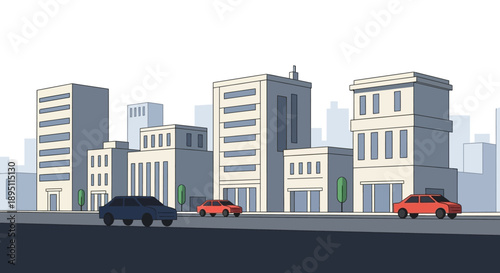 Modern Cityscape with Cars on Street - Urban Landscape Illustration