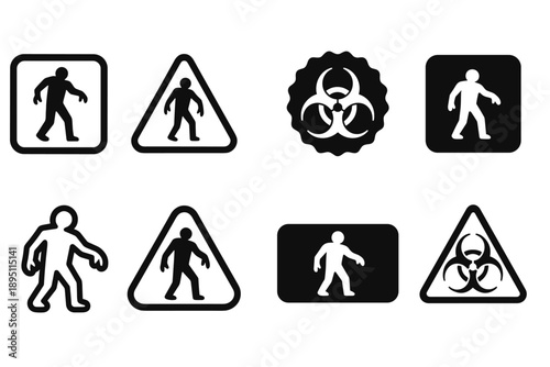 Zombie apocalypse alert icon set. Warning signs silhouette collection